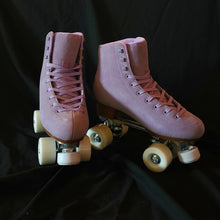 Load image into Gallery viewer, The Seed Project roller skates. colour is Tekapo with purple laces on a black backdrop.