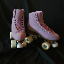 Load image into Gallery viewer, The Seed Project roller skates. colour is Tekapo with purple laces on a black backdrop.
