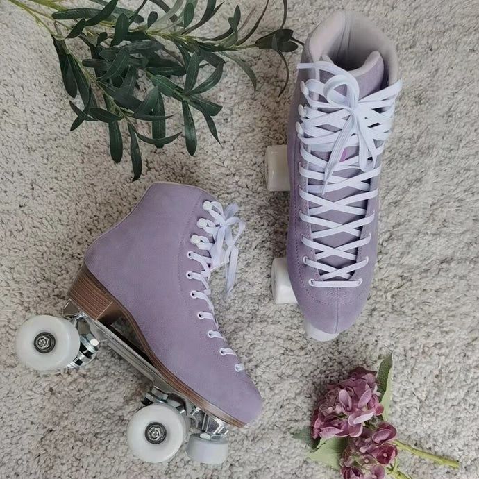 The Seed Project roller skates. colour is Tekapo with white laces surrounded by purple flowers and leaves.